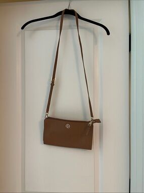 Tory Burch Tan Leather Pebbled Crossbody Bag with Logo